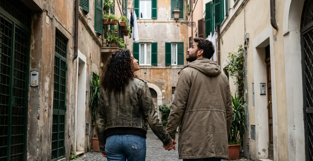Coppia italiana osserva palazzi residenziali in un quartiere romano tipico