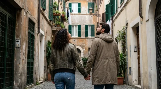 Coppia italiana osserva palazzi residenziali in un quartiere romano tipico