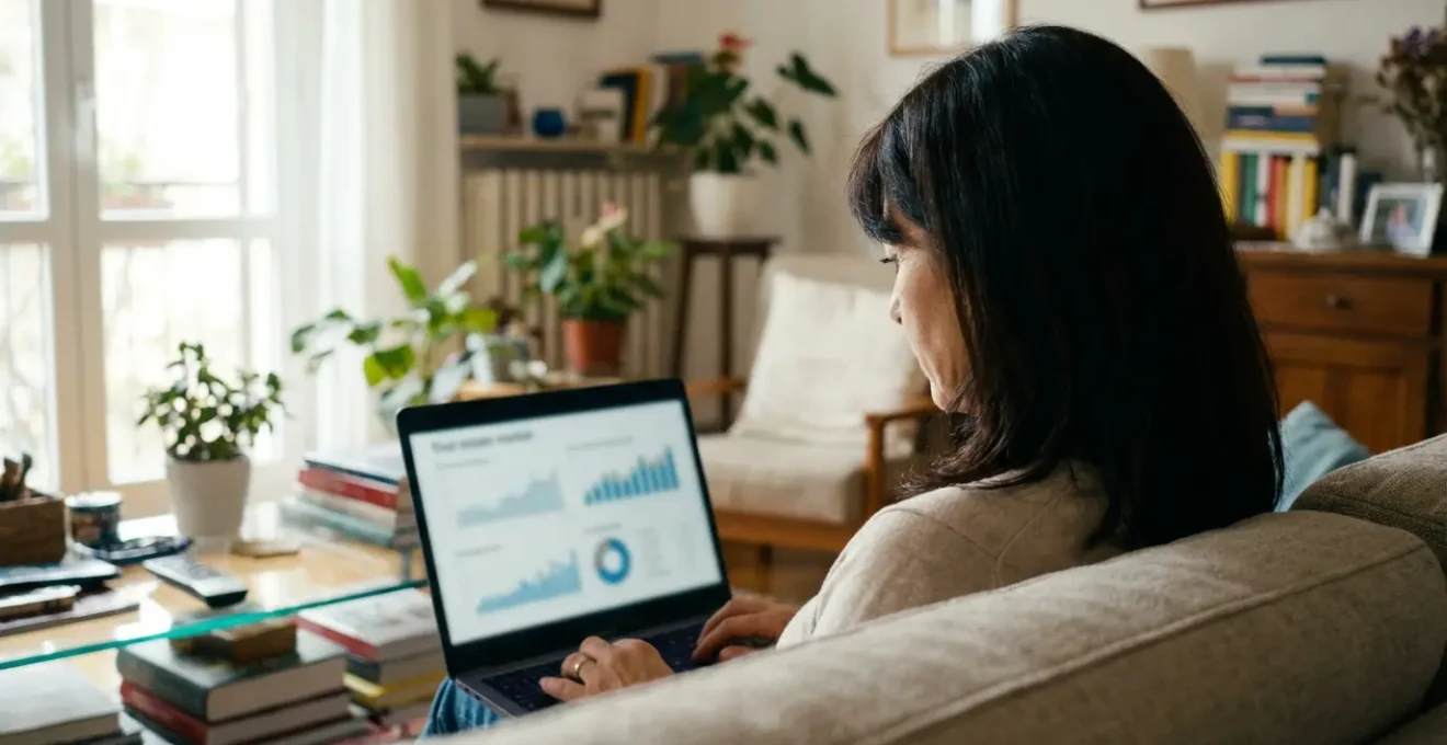 Donna italiana consulta dati sul mercato immobiliare romano dal laptop di casa