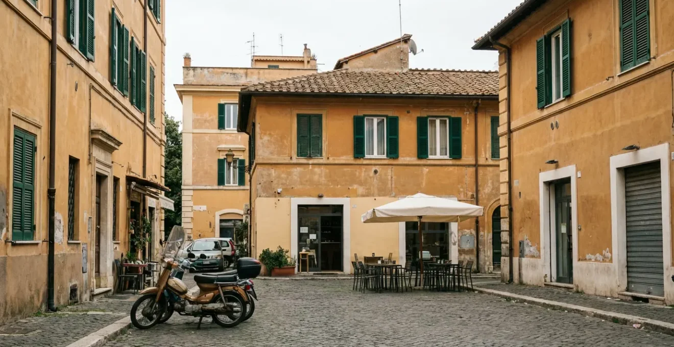 Piccola piazza romana con bar all'aperto e palazzi tipici color ocra