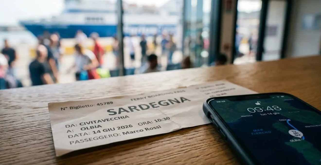 Primo piano di un biglietto di traghetto con destinazione Sardegna su tavolo in legno, accanto a uno smartphone che mostra una mappa, luce naturale laterale calda