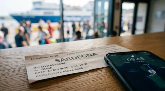Primo piano di un biglietto di traghetto con destinazione Sardegna su tavolo in legno, accanto a uno smartphone che mostra una mappa, luce naturale laterale calda