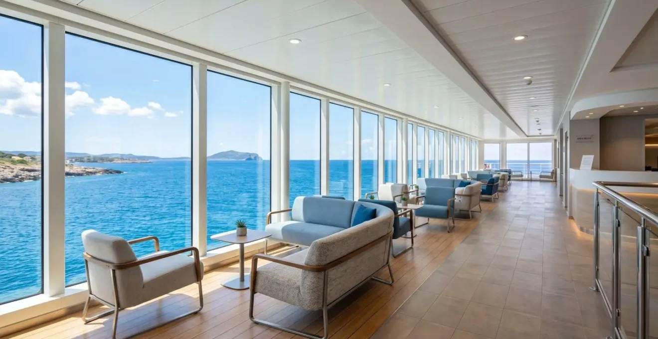 Inquadratura grandangolare di un ponte interno di traghetto moderno con area poltrone vuota, grandi finestroni con vista mare Mediterraneo, design contemporaneo pulito, luce naturale abbondante
